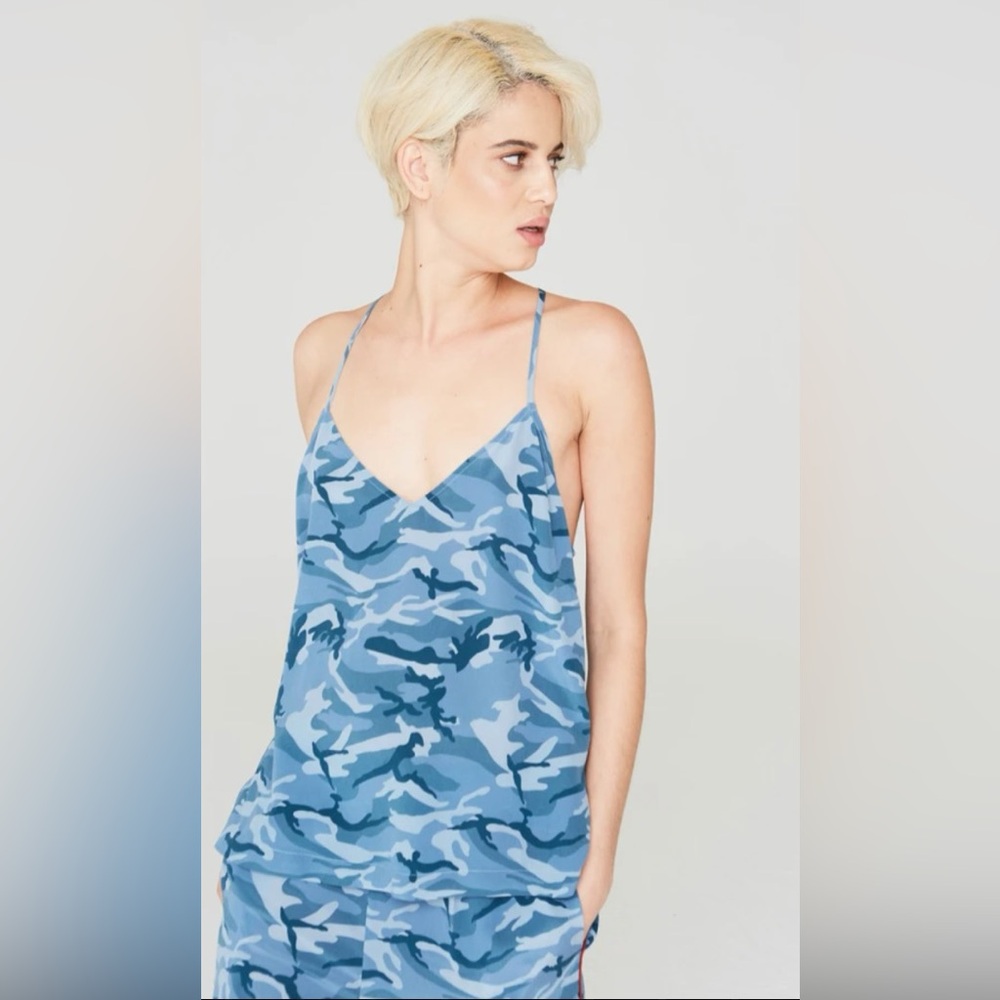 La Boheme Cora Silk Camisole in Blue Camouflage Print NWT